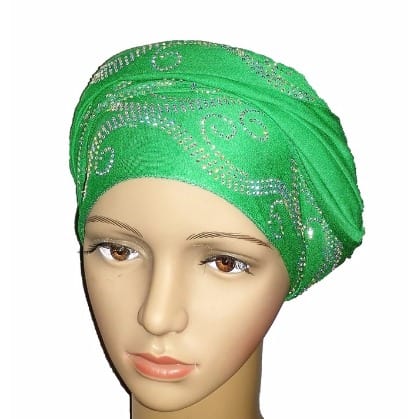 Silky Soft Regal Front Studded Turban with Wave Design - Leaf Green