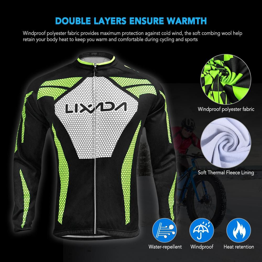 Lixada Men's Winter Long Sleeve Cycling Jersey Set Thermal Fleece Cycling Clothing Windproof Cycling Coat 3D Padded Trousers