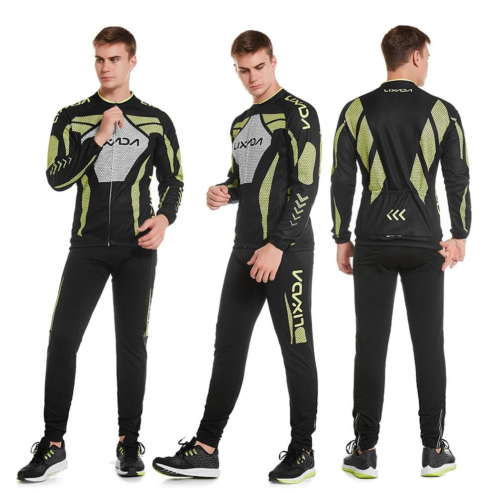 Lixada Men's Winter Long Sleeve Cycling Jersey Set Thermal Fleece Cycling Clothing Windproof Cycling Coat 3D Padded Trousers