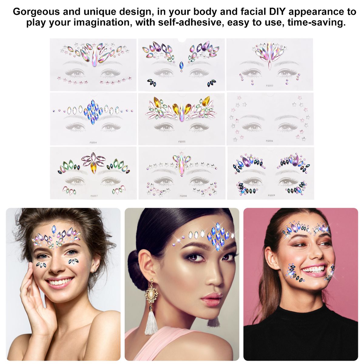 9 Sets DIY Face Stickers Gems Mermaid Face Jewels Stick On