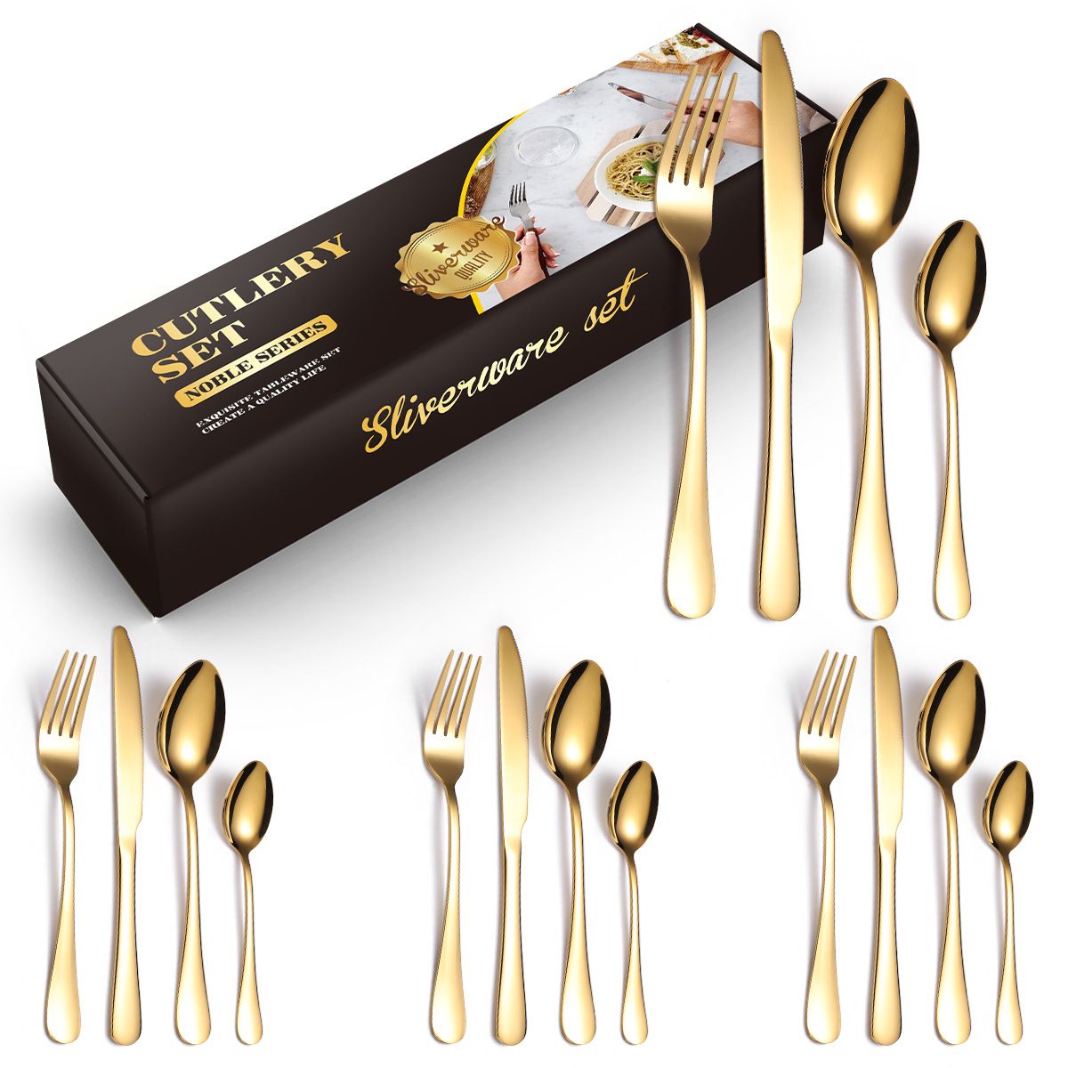 Gold Plated Stainless Steel Spoon & Fork-16Pcs