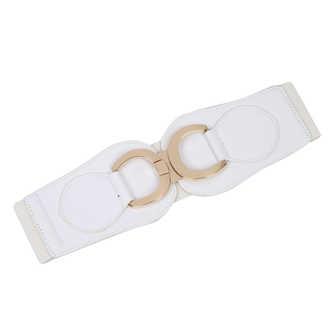 Gold Tone Dual D Ring Buckle Off White Wide Elastic Belt