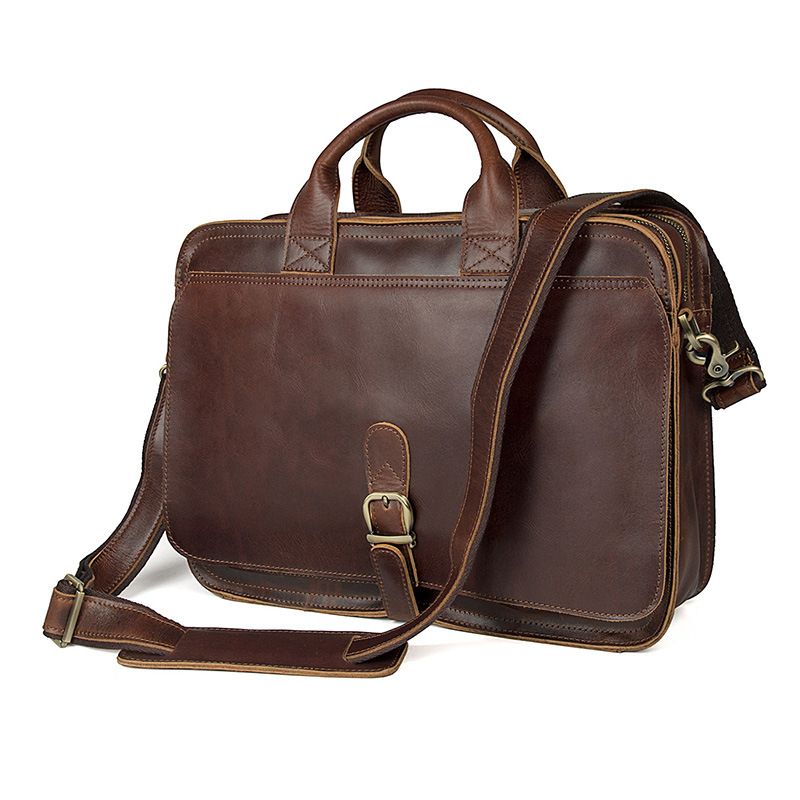 Vintage Brown Coffee Thick Genuine Leather 14'' Laptop Office Men Briefcase Portfolio Messenger Bag Highend M6020-coffee
