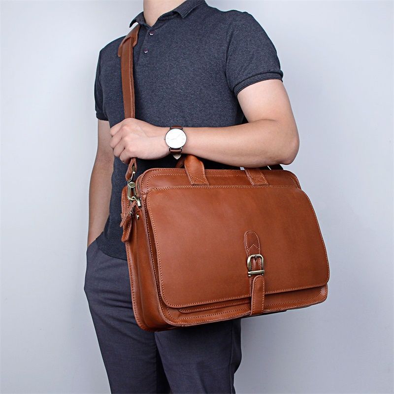 Vintage Brown Coffee Thick Genuine Leather 14'' Laptop Office Men Briefcase Portfolio Messenger Bag Highend M6020-coffee