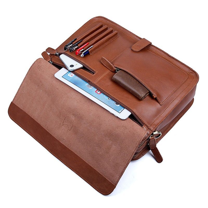 Vintage Brown Coffee Thick Genuine Leather 14'' Laptop Office Men Briefcase Portfolio Messenger Bag Highend M6020-coffee