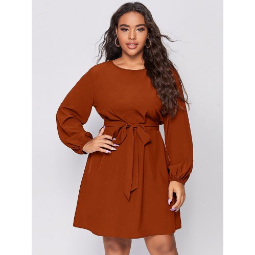 Boat Neck & Bishop Sleeve Belted Dress-Orange