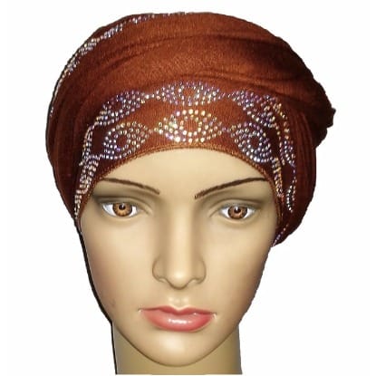 Silky Soft Regal Front Studded Turban with Ring Design - Cocoa Brown