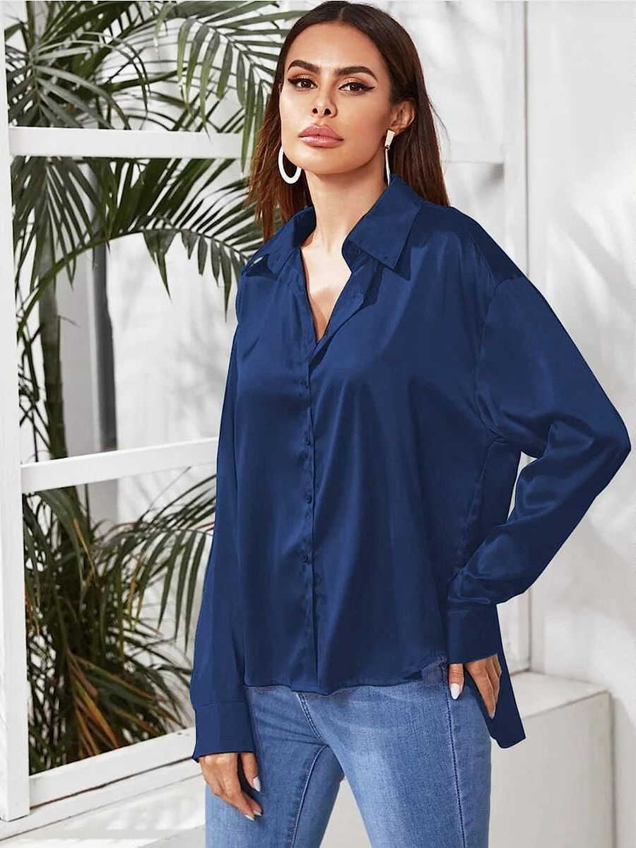 Navy Blue Button Down Satin Silk Shirt Long Sleeve Ladies Women Top Blouse