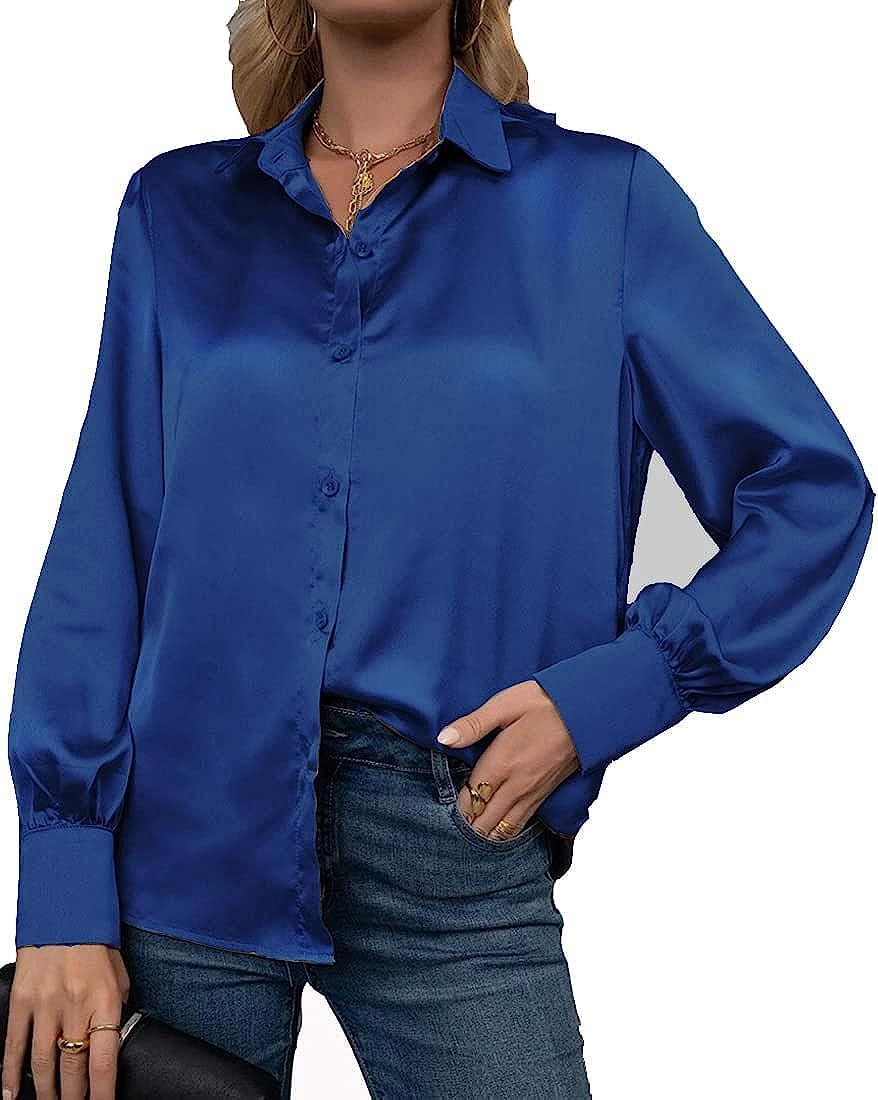 Navy Blue Button Down Satin Silk Shirt Long Sleeve Ladies Women Top Blouse