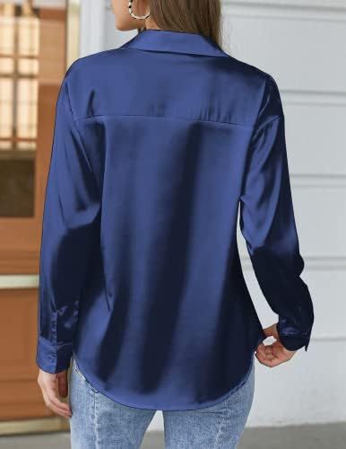 Navy Blue Button Down Satin Silk Shirt Long Sleeve Ladies Women Top Blouse