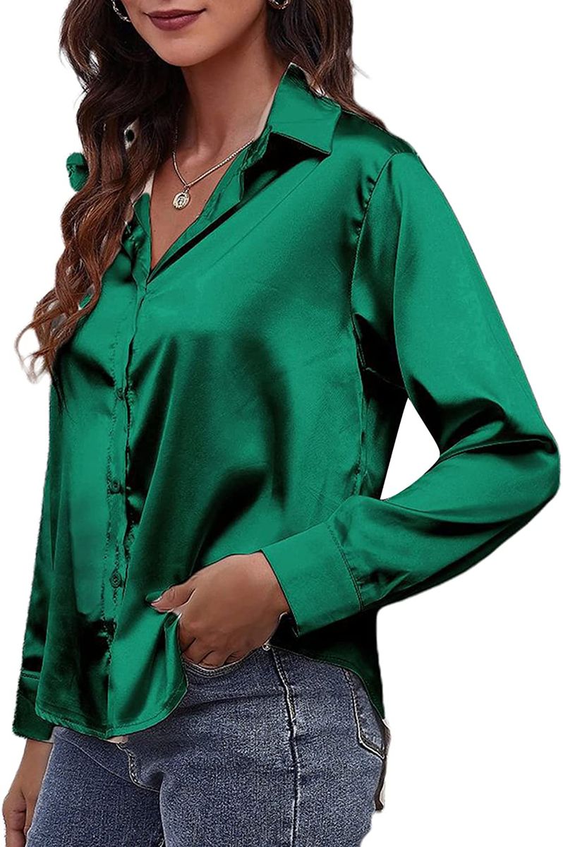 Green Womens Soft Satin Silk Button Down Long Sleeve Work Shirt Top Dress