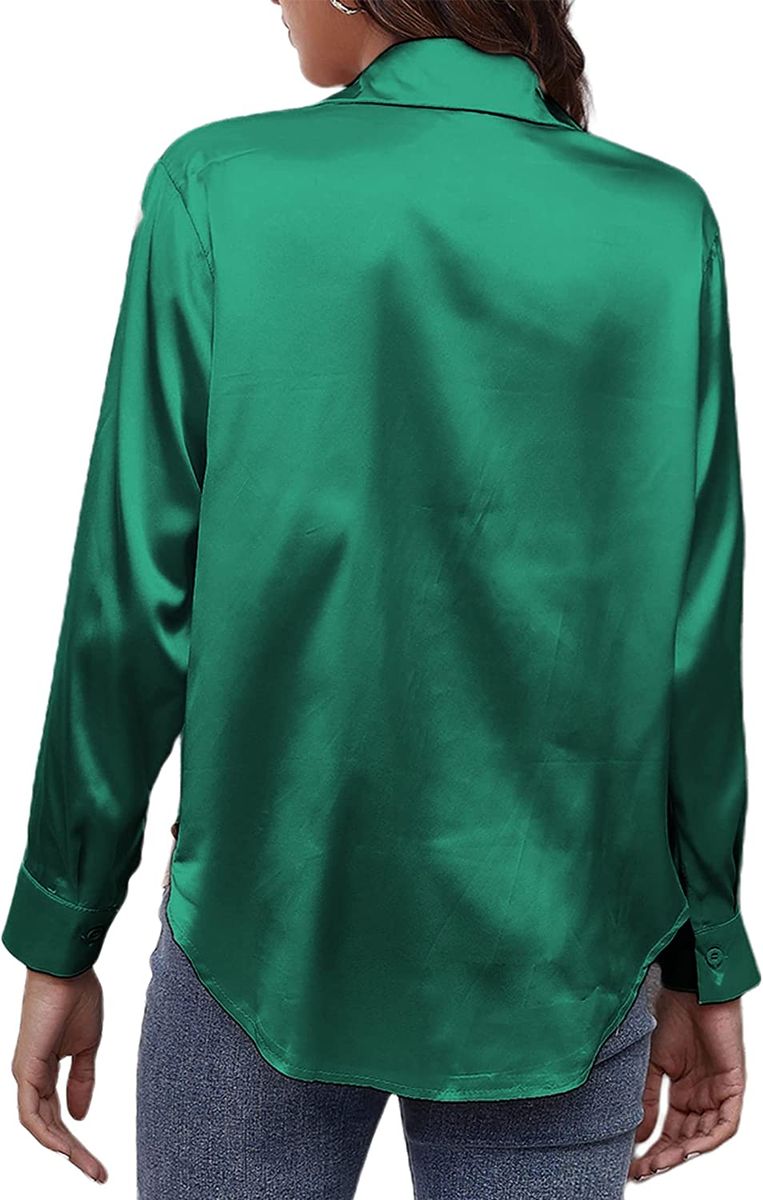 Green Womens Soft Satin Silk Button Down Long Sleeve Work Shirt Top Dress