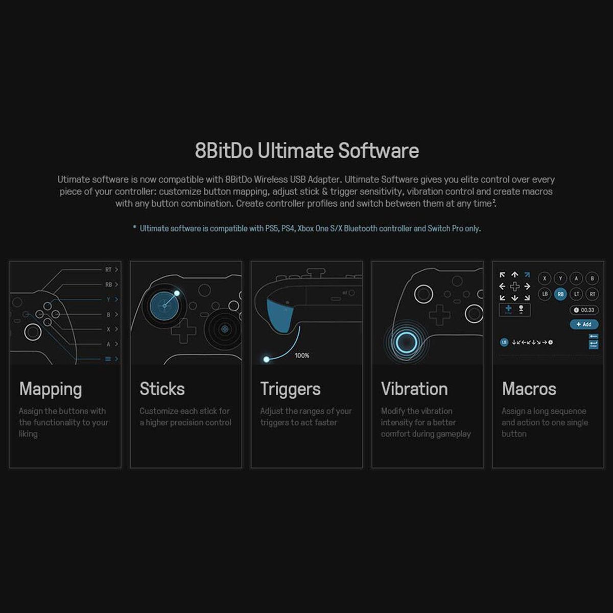 8BitDo USB Wireless Adapter 2 One-button Connection Somatosensory Vibration Replacement for PS4 PS5 Switch Pro Controllers