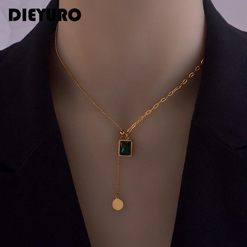 DIEYURO 316L Stainless Steel Bead Drawstring Design Green Geometric Pendant Asymmetric Unique Design Chain Gold Woman Necklace