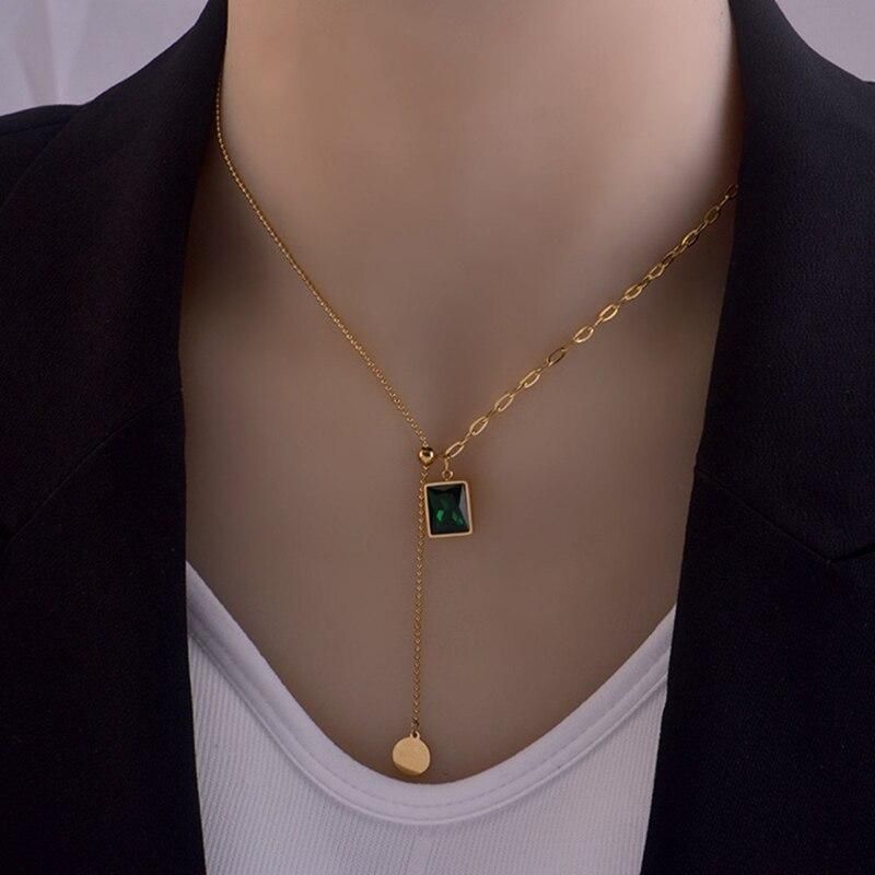 DIEYURO 316L Stainless Steel Bead Drawstring Design Green Geometric Pendant Asymmetric Unique Design Chain Gold Woman Necklace
