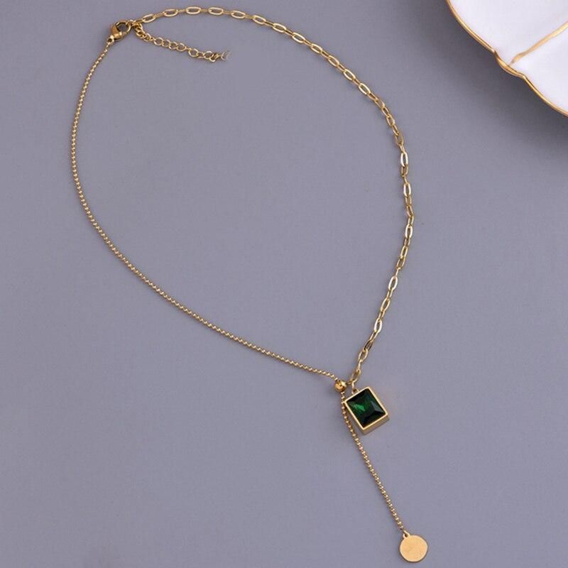 DIEYURO 316L Stainless Steel Bead Drawstring Design Green Geometric Pendant Asymmetric Unique Design Chain Gold Woman Necklace