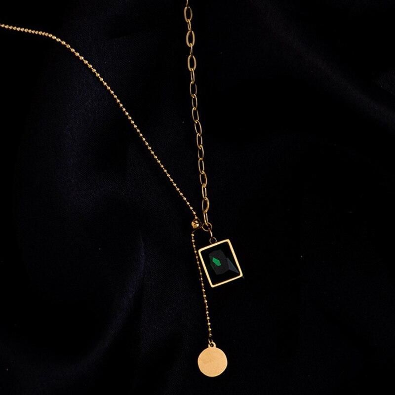 DIEYURO 316L Stainless Steel Bead Drawstring Design Green Geometric Pendant Asymmetric Unique Design Chain Gold Woman Necklace