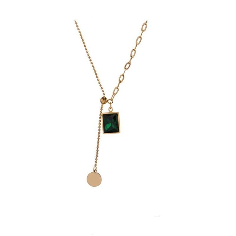 DIEYURO 316L Stainless Steel Bead Drawstring Design Green Geometric Pendant Asymmetric Unique Design Chain Gold Woman Necklace