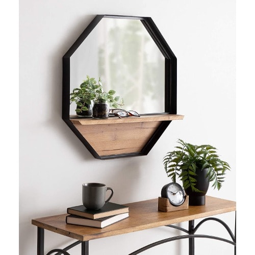 Rustic Farmhouse Metal And Wood Wall Mirror With Shelf