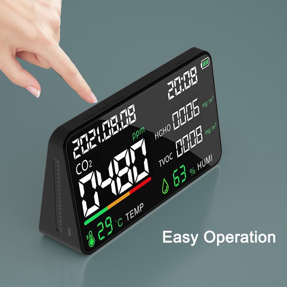 5 in 1 Air Quality Monitor LED Digital CO2 HCHO TVOC Temperature Humidity Tester USB Rechargeable Indoor NDIR Carbon Dioxide Meter for Room Office Greenhouse Warehouse