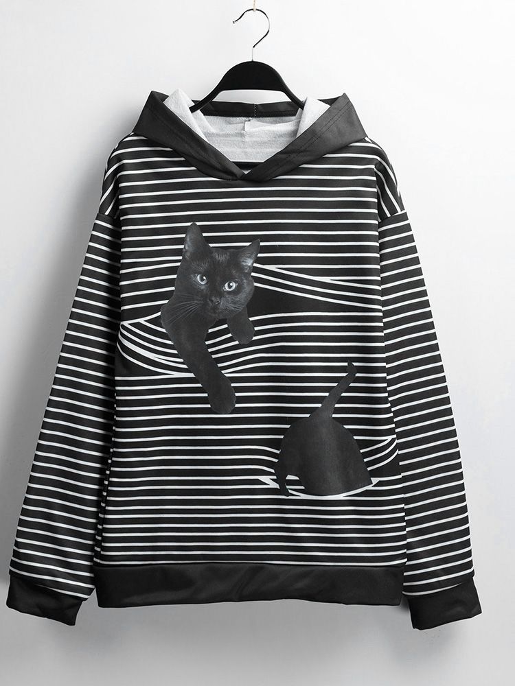 Women Striped Hoodie Cats Pattern Long Sleeve Pullover Loose
