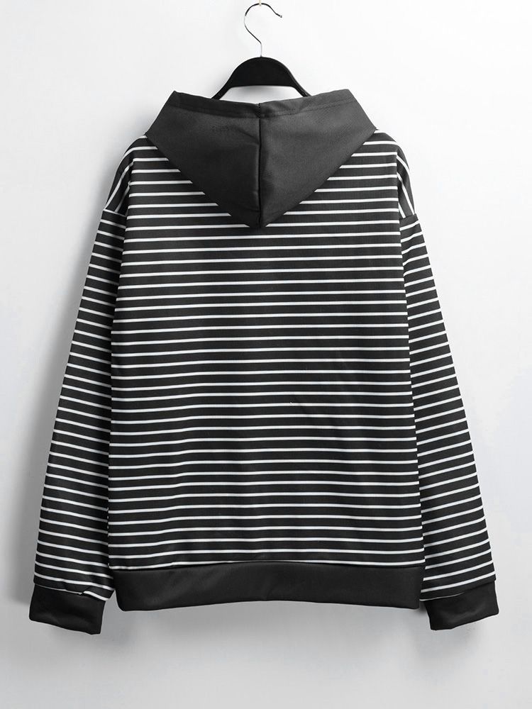 Women Striped Hoodie Cats Pattern Long Sleeve Pullover Loose