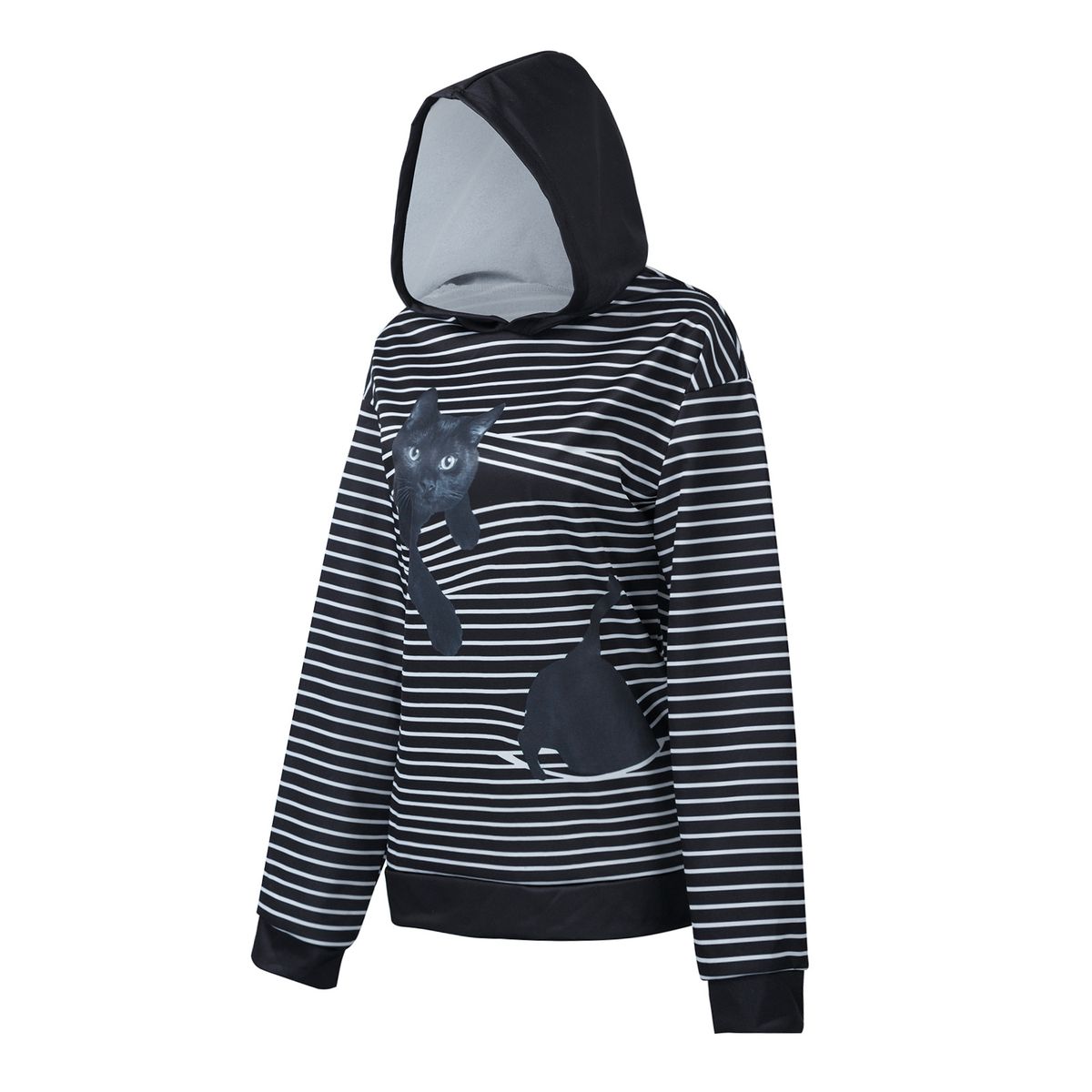 Women Striped Hoodie Cats Pattern Long Sleeve Pullover Loose