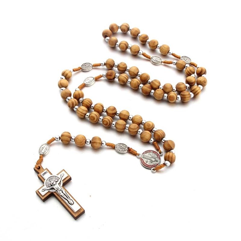 Handmade Wooden Rosary Necklace 10mm Round Beads Christ