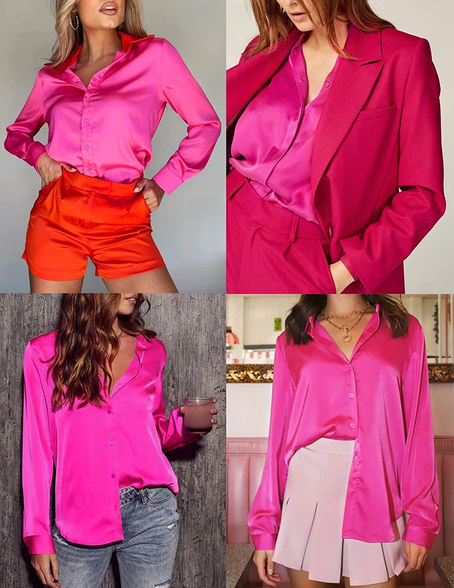 Pink Button Down Satin Silk Shirt Long Sleeve Ladies Women Top Blouse