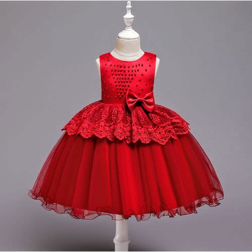 Girl's Beaded Bow And Layered Waist Dress - Red