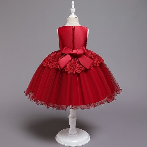 Girl's Beaded Bow And Layered Waist Dress - Red