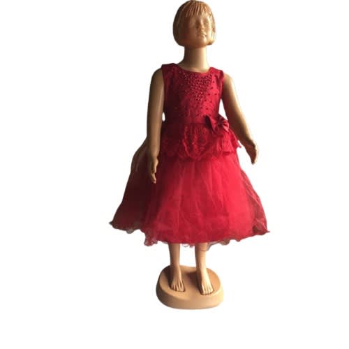 Girl's Beaded Bow And Layered Waist Dress - Red