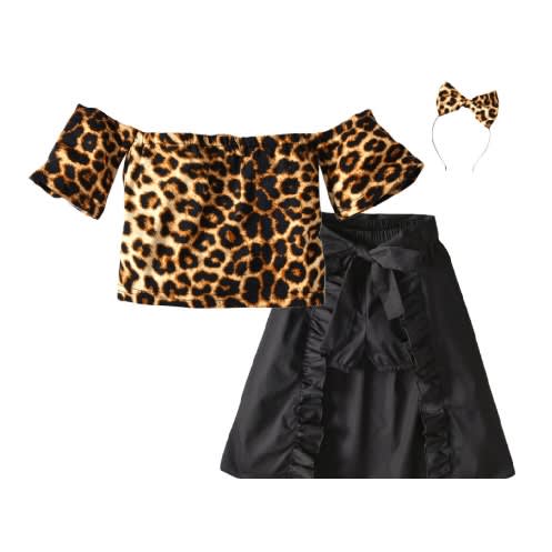 Girls Animal Print Skirts And Off Shoulder Top