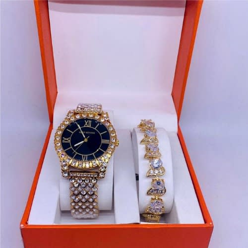 Unisex Studded Gold Wristwatch + Bracelet