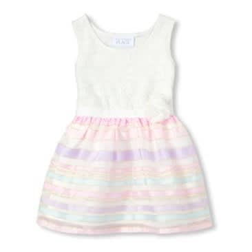 Girls Sleeveless Lace Striped Knit Organza Dress