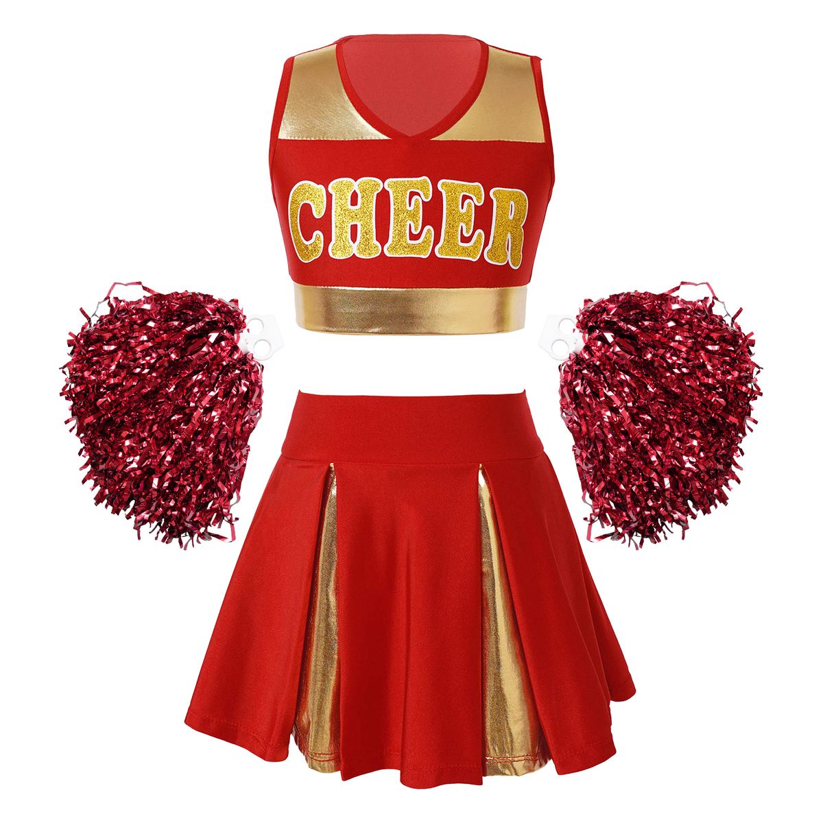 Kids Girls Cheerleading Dance Costume Sleeveless V Neckline Letters Printed Crop Top With Pleated Skirt And 2Pcs Flower Balls