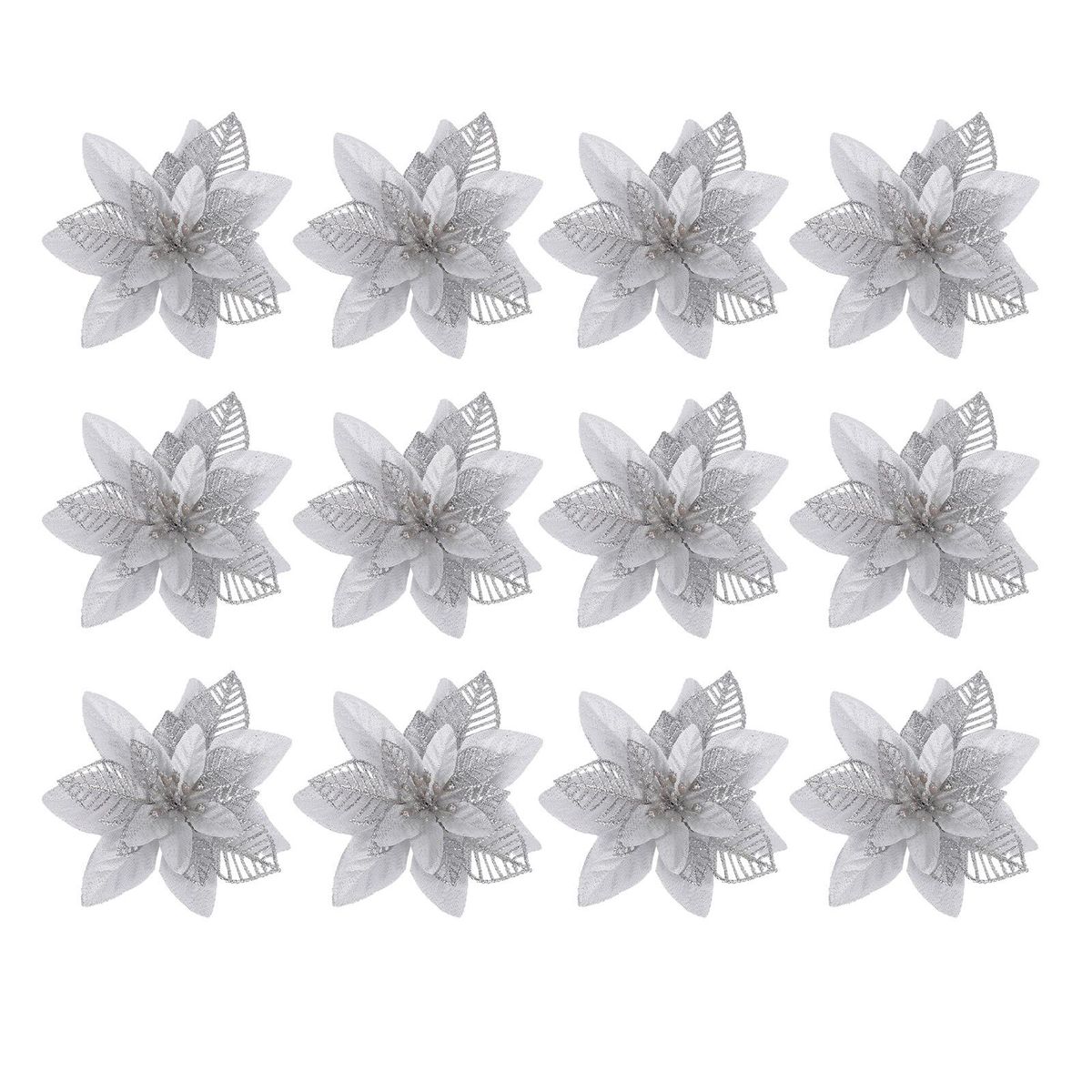 Shimmering Christmas Flowers Sparkling Holiday Blooms 12 for Diy Silver