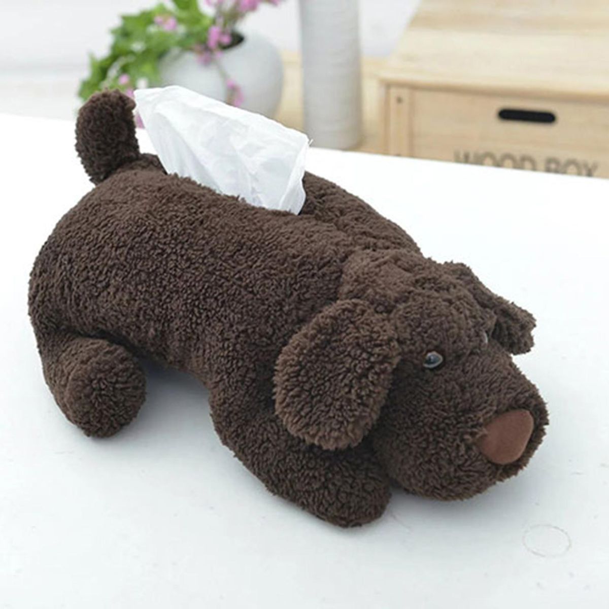 Tissue Organizer Cover Cute Plush Teddy Dog Shape Paper Container Case Coffee