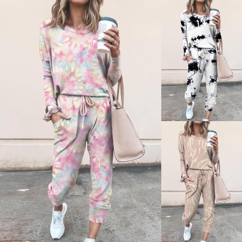 (Yellow)Tie Dye Loose Tracksuits Lounge Wear Women Casual Two Piece Set Spring Street T-shirt Tops And Jogger Set Suits 2pcs Outfits GRE