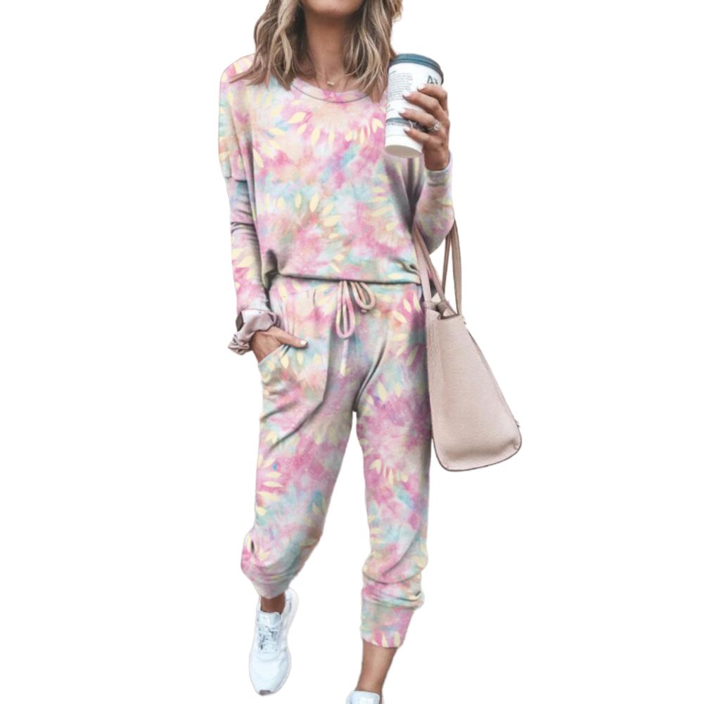 (Yellow)Tie Dye Loose Tracksuits Lounge Wear Women Casual Two Piece Set Spring Street T-shirt Tops And Jogger Set Suits 2pcs Outfits GRE
