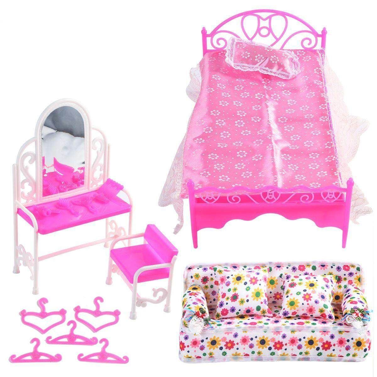 Barbie Doll House Furniture Living Room Pink Sofa Bed Dressing Table Hanger Set