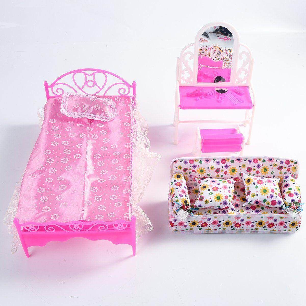 Barbie Doll House Furniture Living Room Pink Sofa Bed Dressing Table Hanger Set