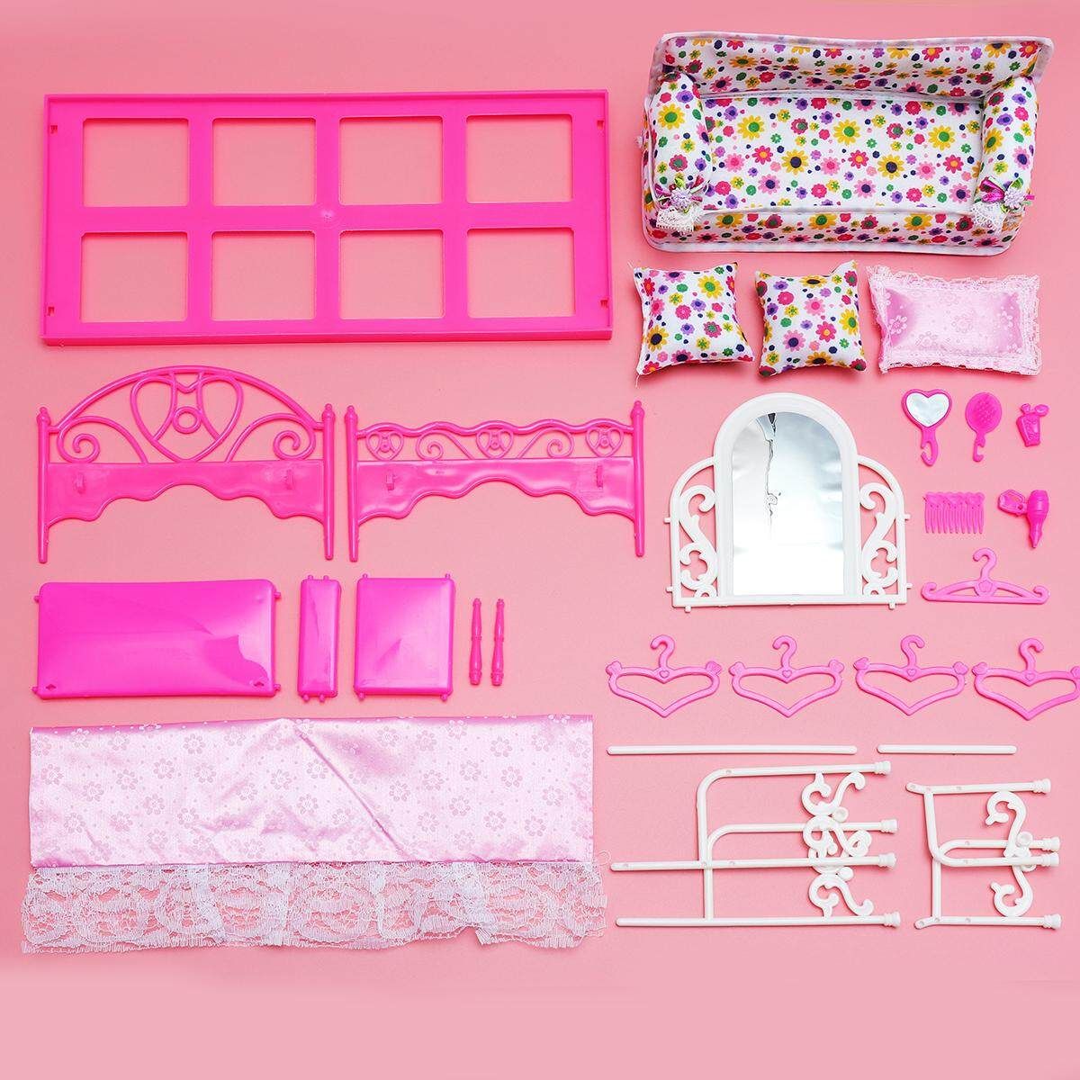 Barbie Doll House Furniture Living Room Pink Sofa Bed Dressing Table Hanger Set