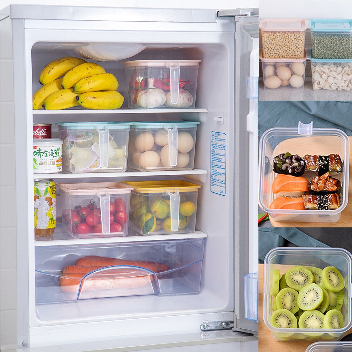 Kitchen Fridge Organizer Clear Storage Box Egg Fruit  Container With Handle-Clear