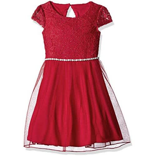 Little Girls' Glitter Lace Jewel Waist Dress - Red