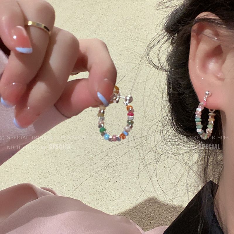 Stud Earrings Women's Colorful Beaded Silver Light Luxury