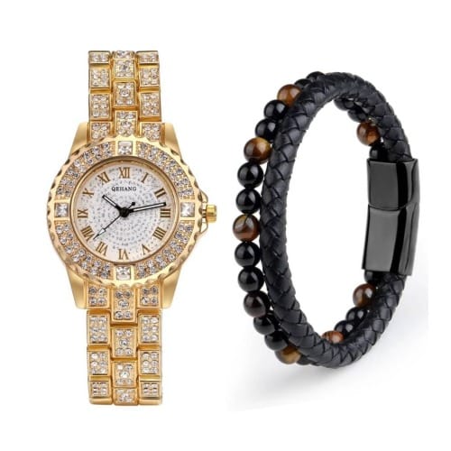 2 In 1 Women Studded Watch And Bracelet - Gold