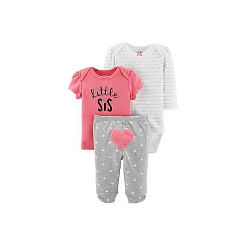 Baby Girl Little Sis Top, Bodysuit, & Matching Pants Outfit Set, 3 Pc Set - Pink
