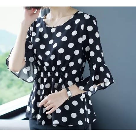 Polka Dot Peplum Blouse - Black