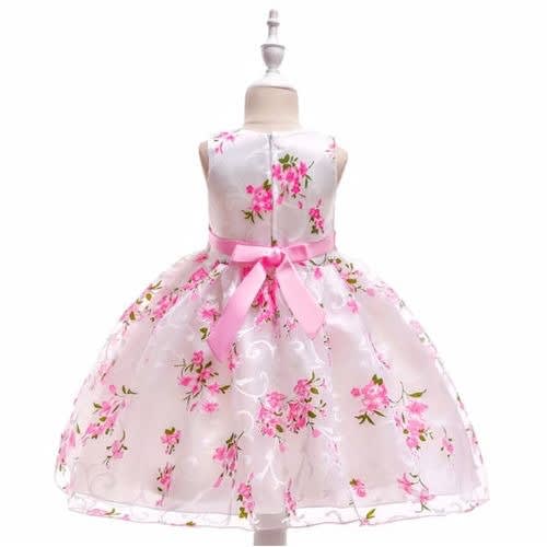 Girl Ball Gown Pink Flowery Dress - White/pink